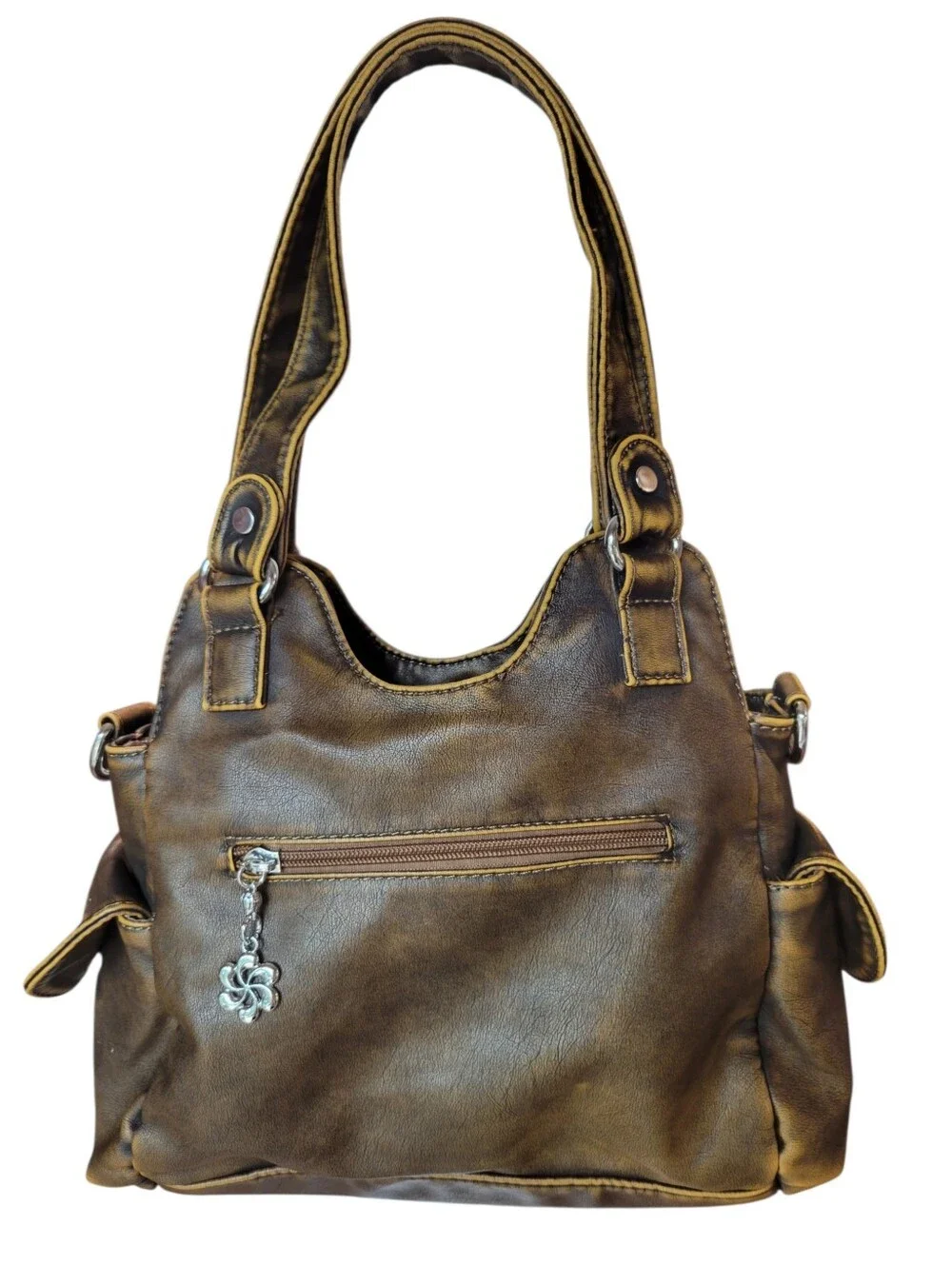 Angel Kiss Brown Faux Leather Multi Pocket Shoulder Bag Purse